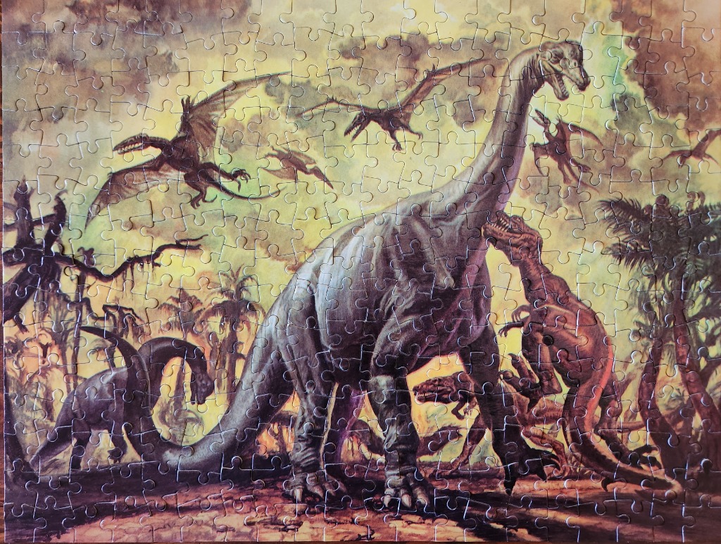 Illustration of a confrontation between a large sauropod dinosaur and a group of predators in a prehistoric jungle.