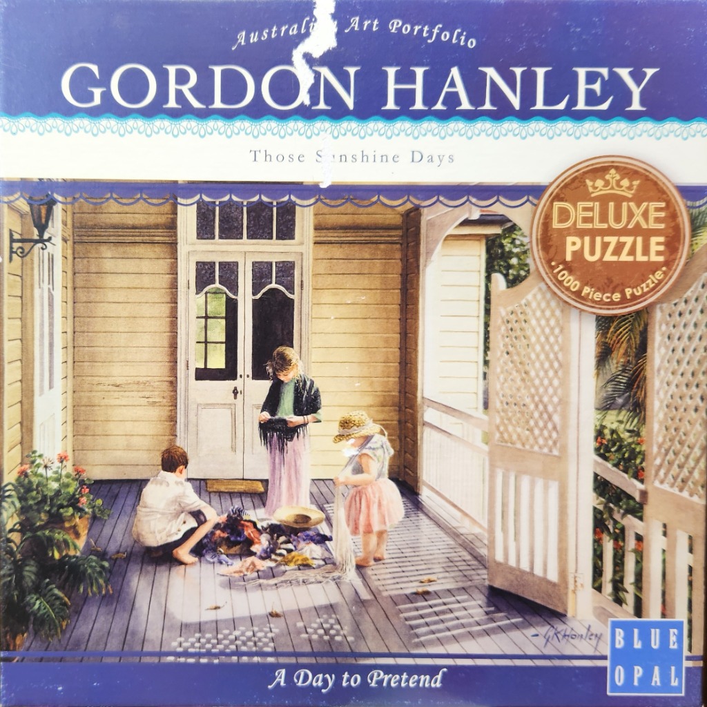 An illustration of three children playing with dress-up clothes on a wooden porch of a house.