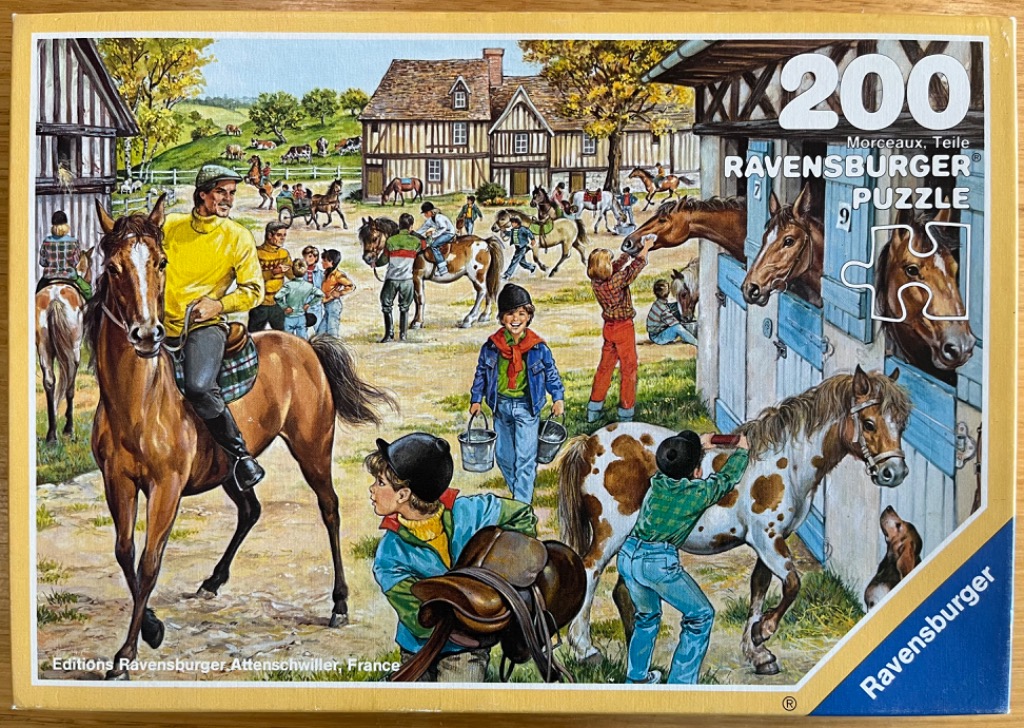 A lively scene at an equestrian stables with people tending to horses in a rural farmyard.