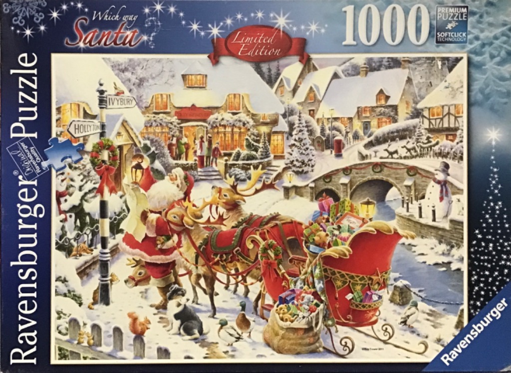 Santa Claus consulting a signpost in a snow-covered village, surrounded by reindeer and gifts.