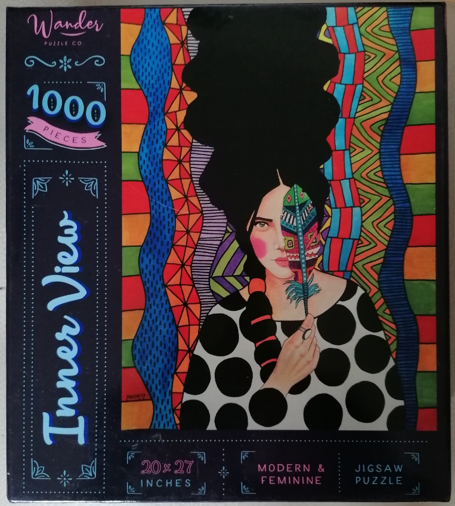 Stylized illustration of a woman holding a patterned feather over her face against a vibrant, geometric background.