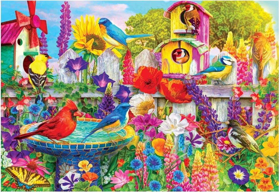 A vibrant garden scene filled with colorful birds, bright flowers, and whimsical birdhouses.