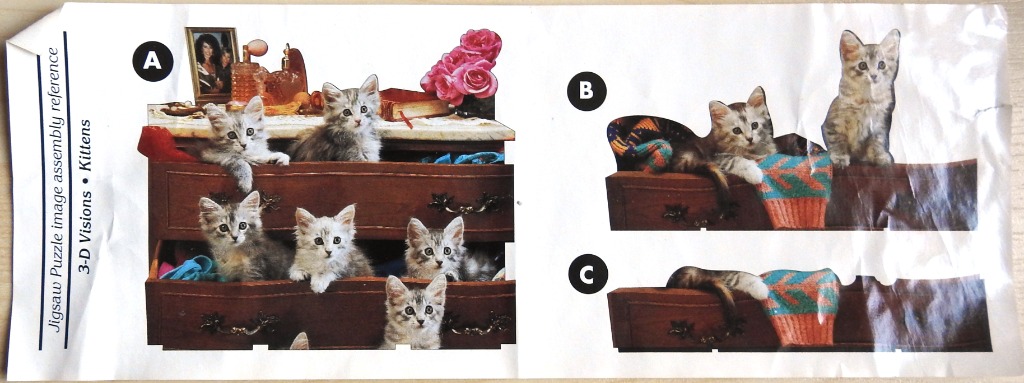 Three composite sections showing gray tabby kittens playing in and on wooden dresser drawers.
