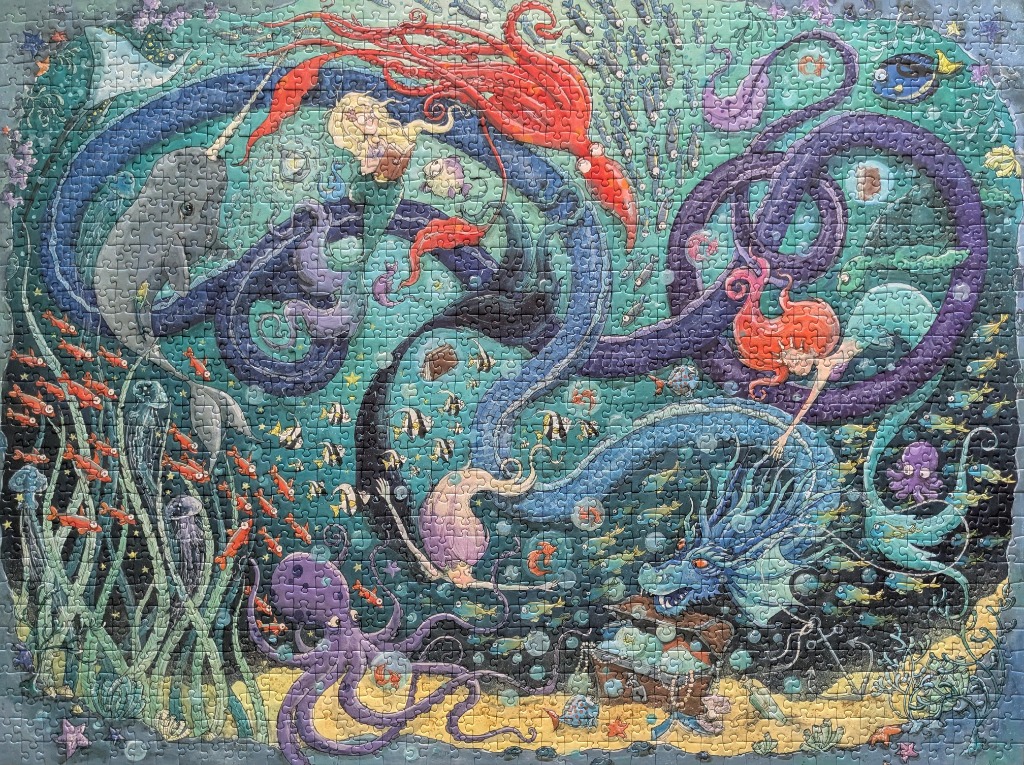 Whimsical underwater scene featuring mermaids, a dragon, a narwhal, and colorful sea creatures in a vibrant illustration.