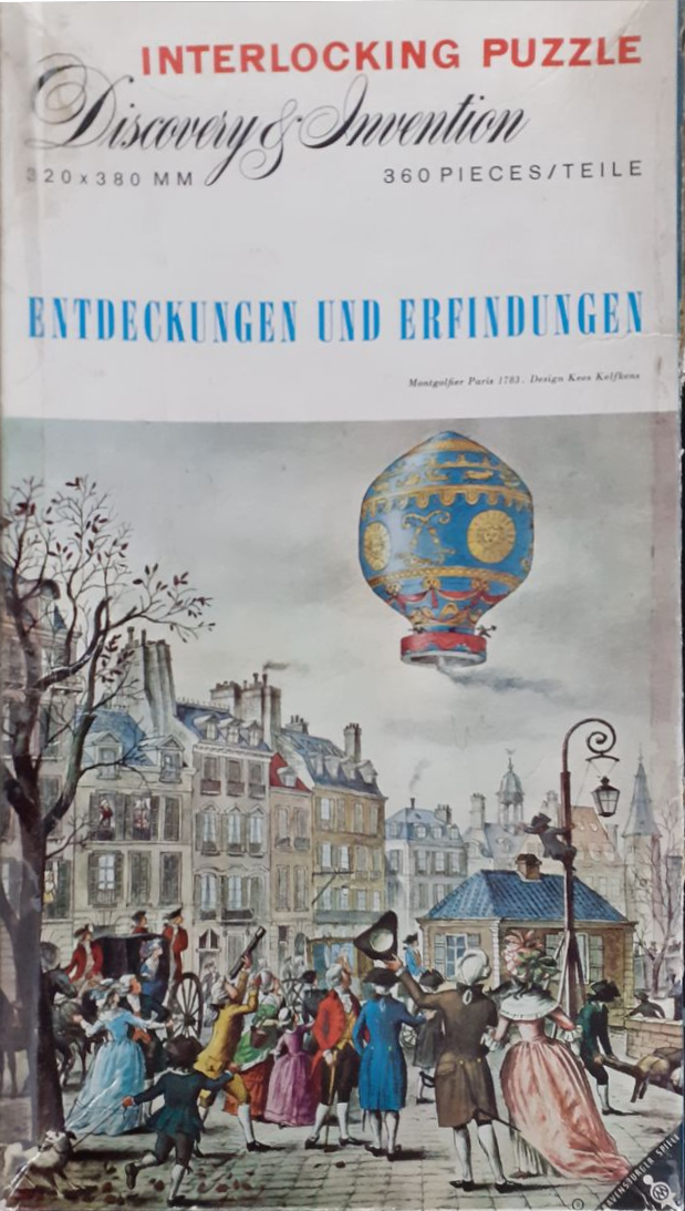 A vintage illustration of a 1783 hot air balloon flight over a historic Parisian street scene.