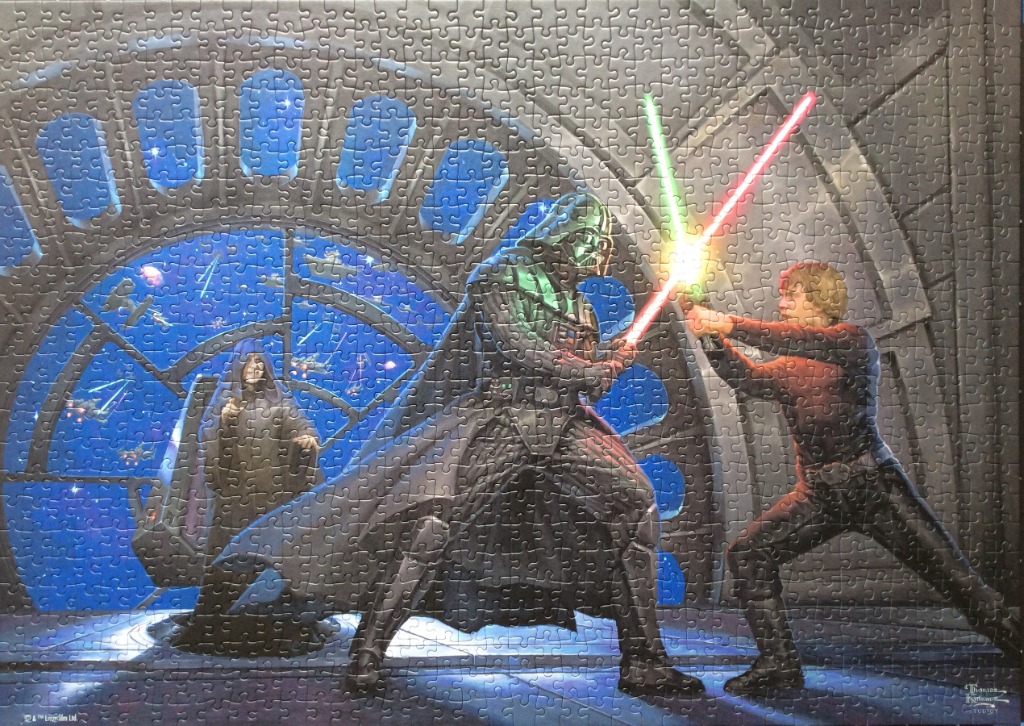 Darth Vader and Luke Skywalker duel on the Death Star as Emperor Palpatine watches from his throne.
