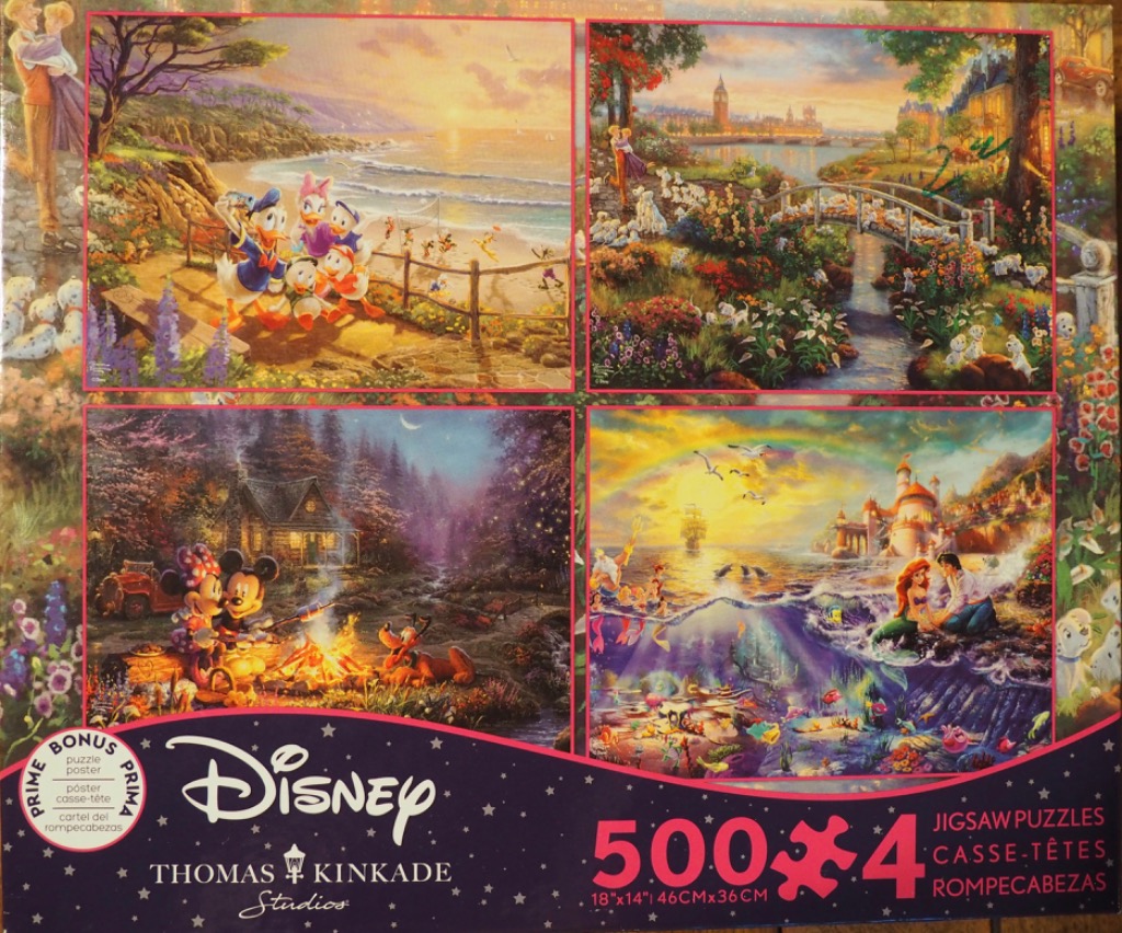 Four distinct Disney-themed landscape paintings featuring Donald Duck, 101 Dalmatians, Mickey Mouse, and The Little Mermaid.