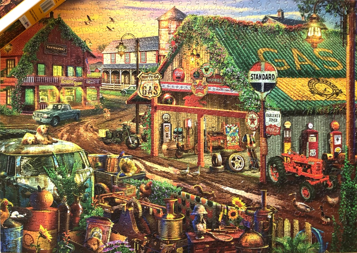 A nostalgic rural scene featuring a rustic gas station, vintage cars, and animals at sunset.