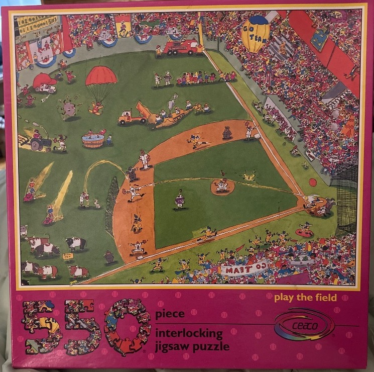 A humorous, high-angle illustration of a chaotic baseball game in progress.