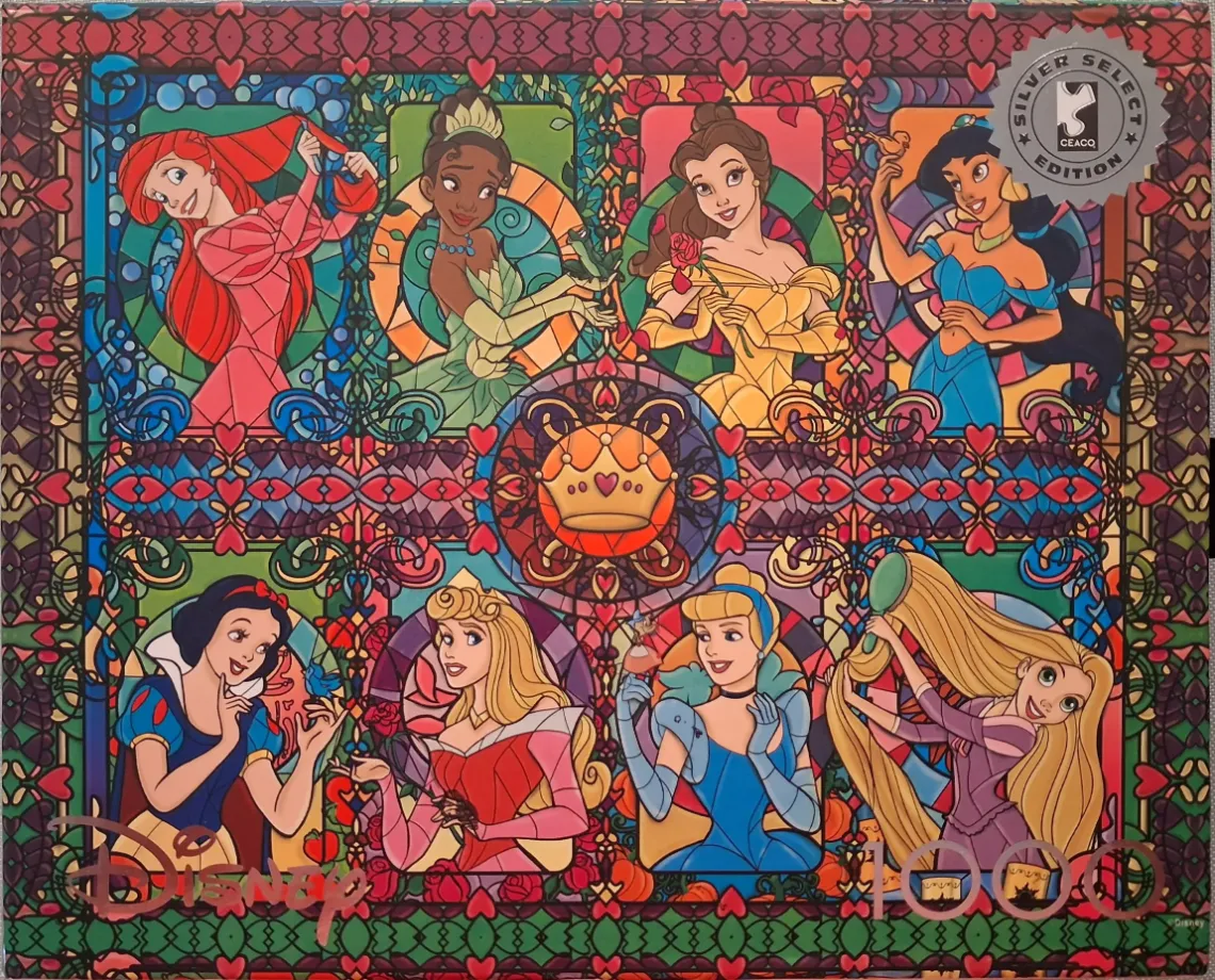 Stained glass illustration featuring eight Disney princesses arranged in a grid, surrounded by ornate floral borders.