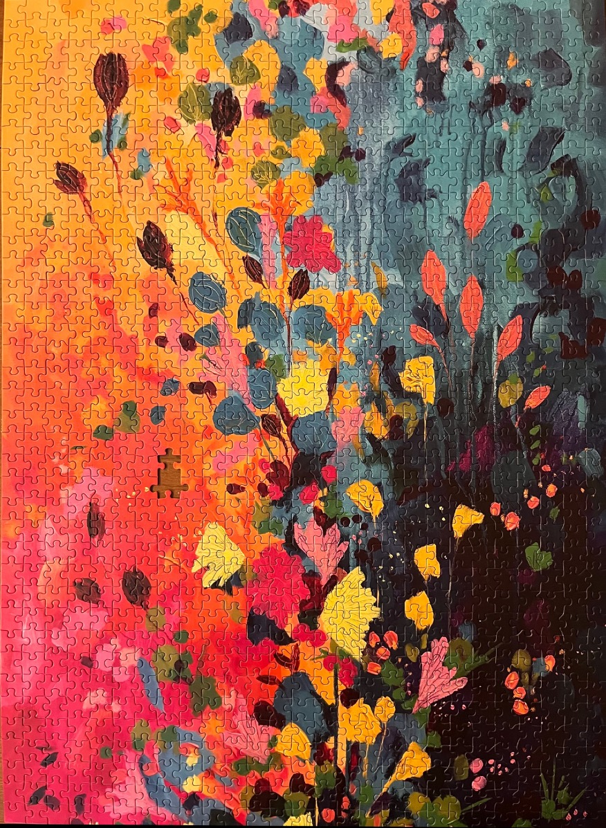 Abstract botanical oil painting with vibrant yellow, orange, red, and deep teal tones featuring wildflower silhouettes.