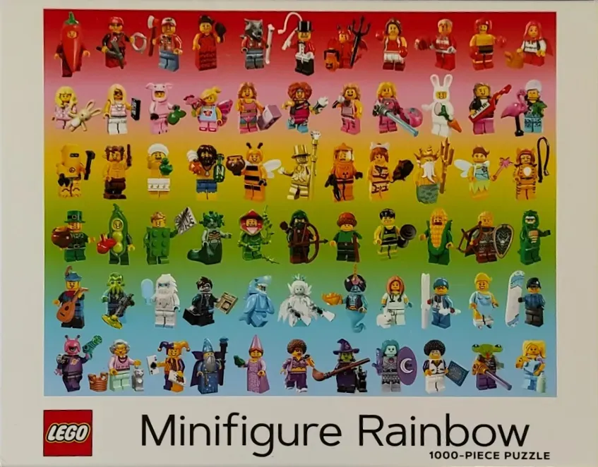 A collection of colorful LEGO minifigures arranged in a rainbow gradient grid against a soft background.