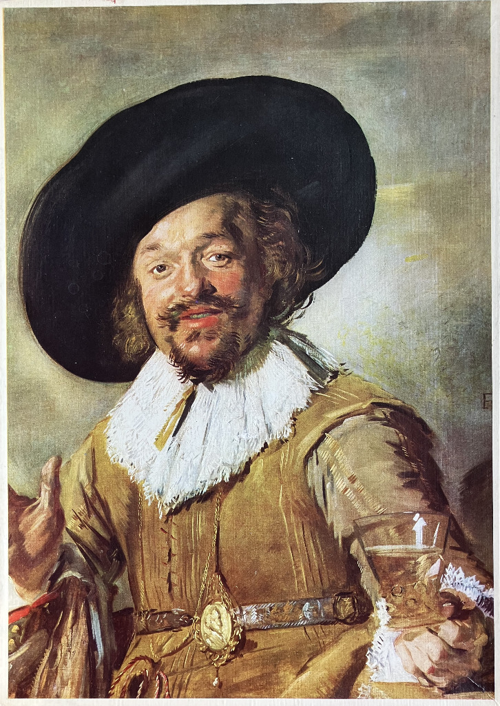 A 17th-century oil painting of a smiling man with a large black hat, a white ruff collar, and a glass of wine.