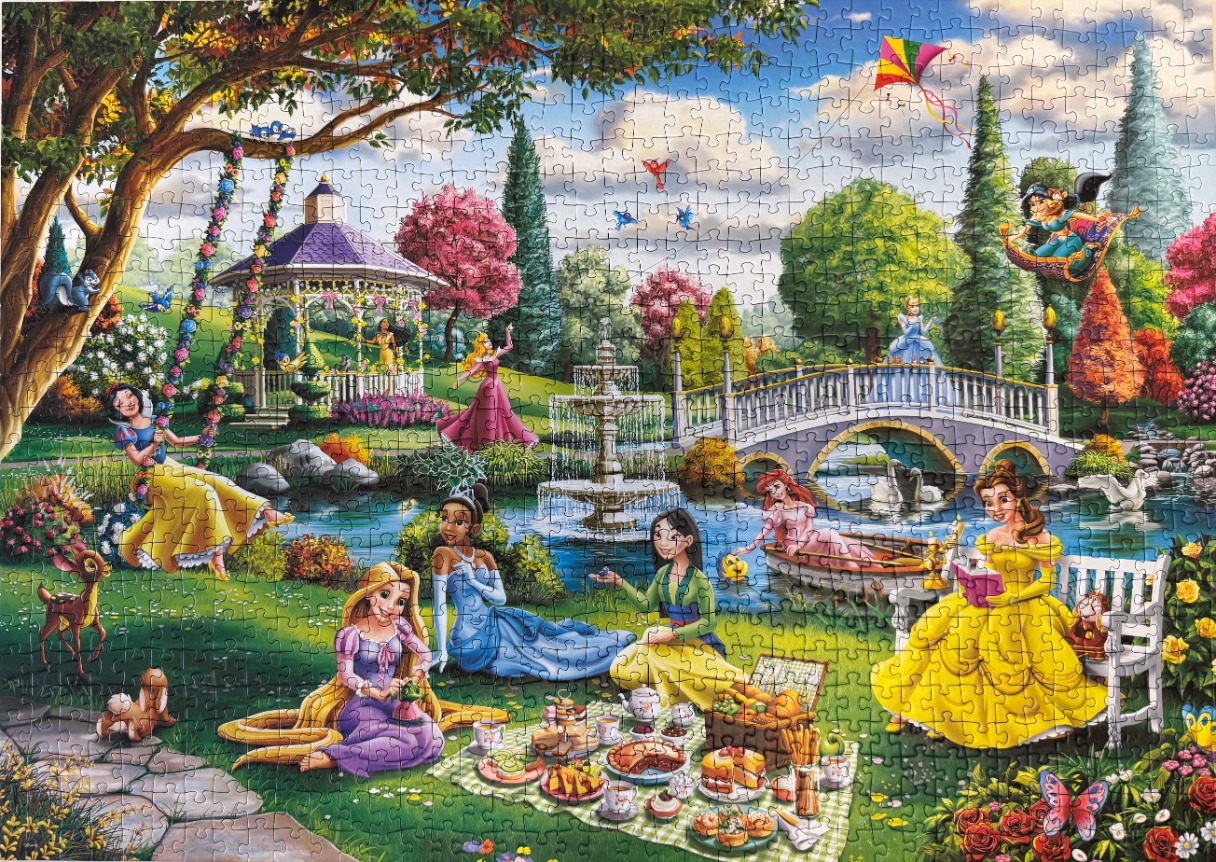A vibrant illustration of classic animated princesses gathering for a picnic in a sunlit, magical garden setting.