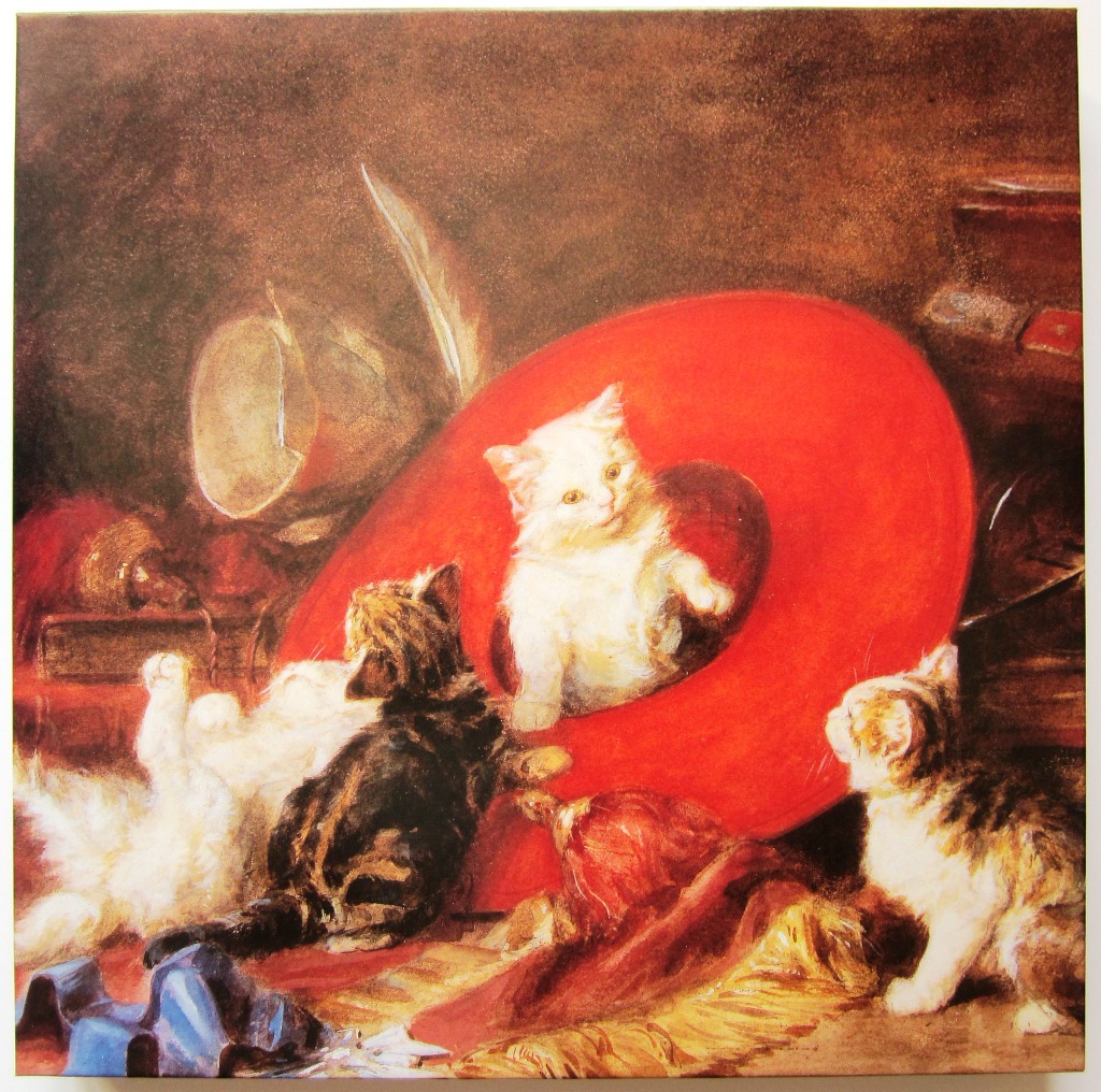 An oil painting of four kittens playing with a large red hat.
