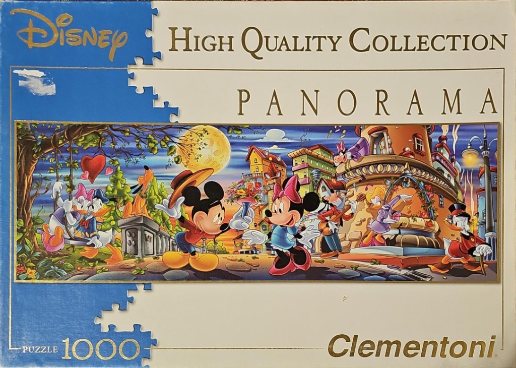 A panoramic illustration of Mickey Mouse, Minnie Mouse, and other classic characters in a whimsical town square at dusk.