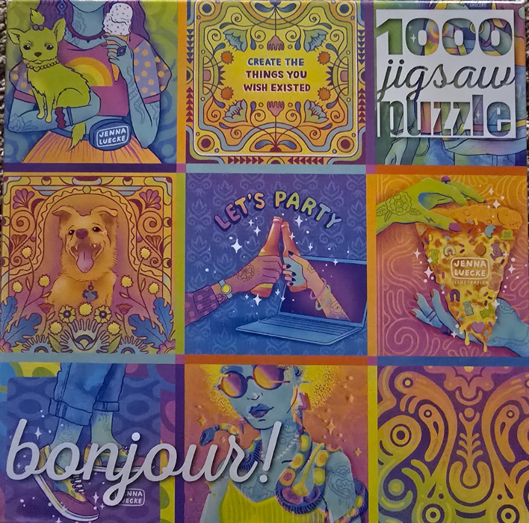 A grid of nine illustrative squares featuring vibrant colors, whimsical characters, animals, and retro-inspired motifs.