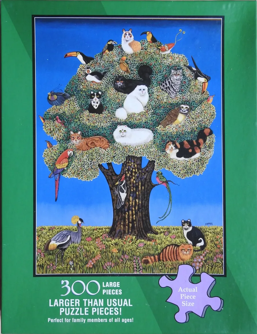 A whimsical folk-art style illustration of a tree filled with various cats and tropical birds against a bright blue sky.