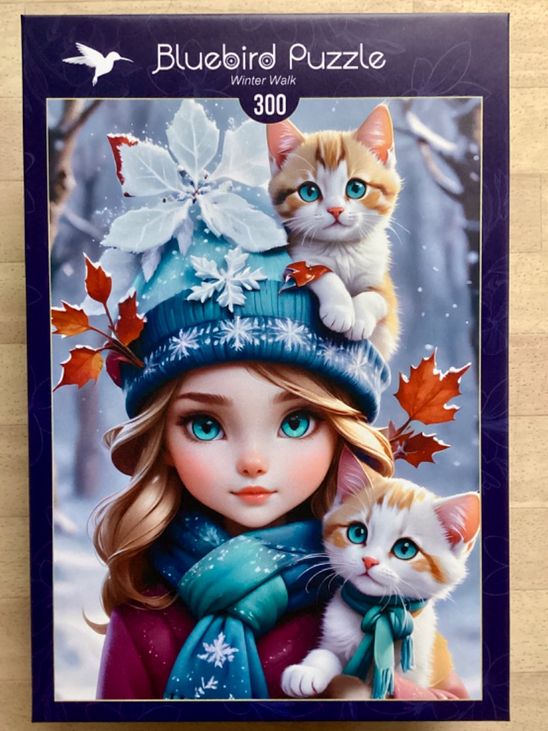 Illustration of a young girl with large turquoise eyes wearing a winter hat, accompanied by two small ginger and white kitten