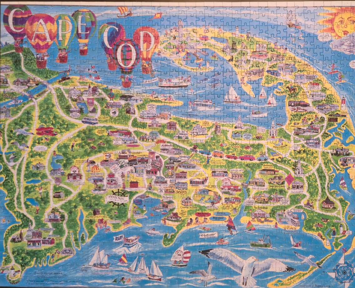 Illustrated pictorial map of Cape Cod featuring colorful hot air balloons and local landmarks.