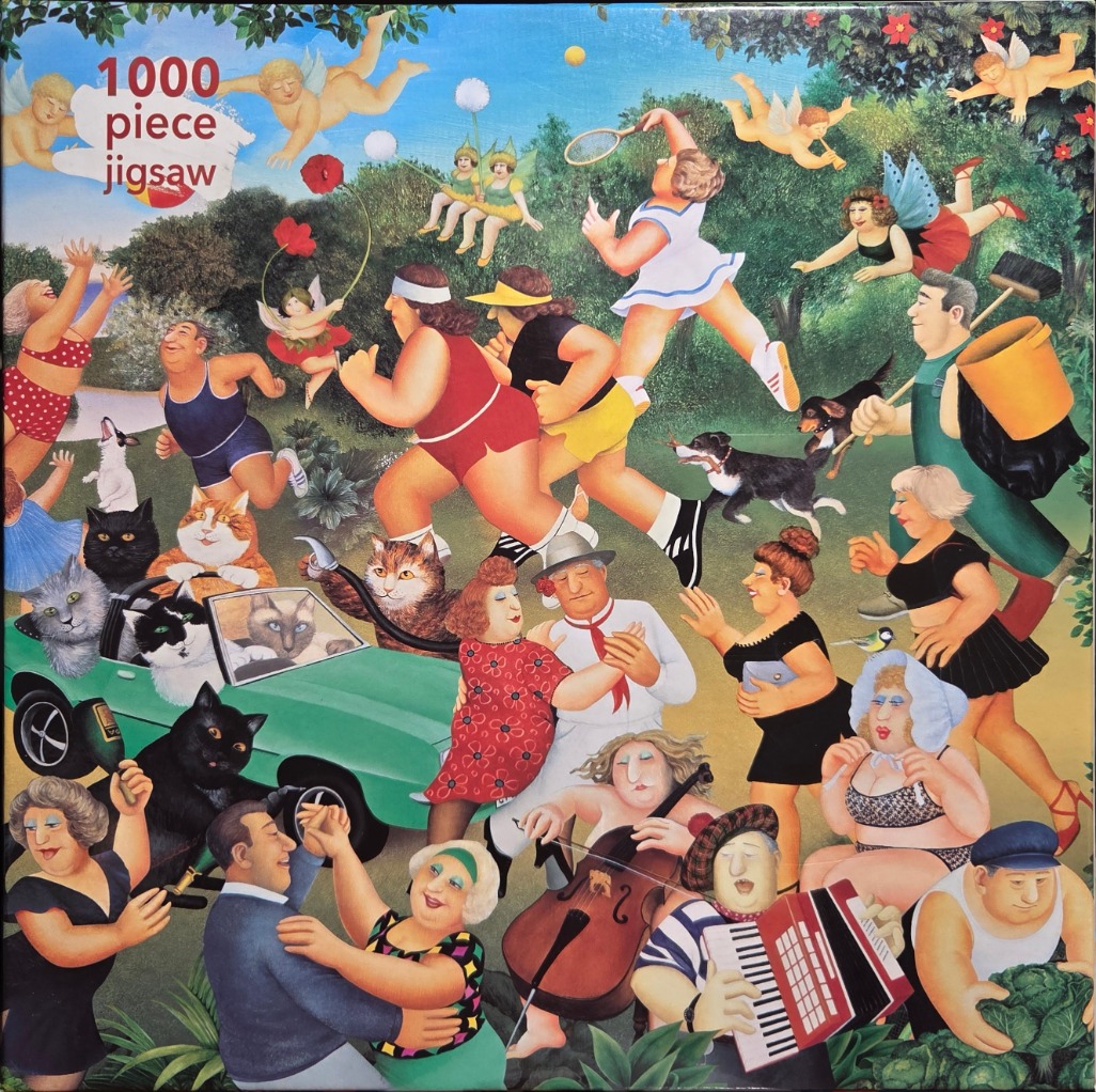 Whimsical painting of people exercising, dancing, playing music, and driving cars with cats in a lush, sunny park.