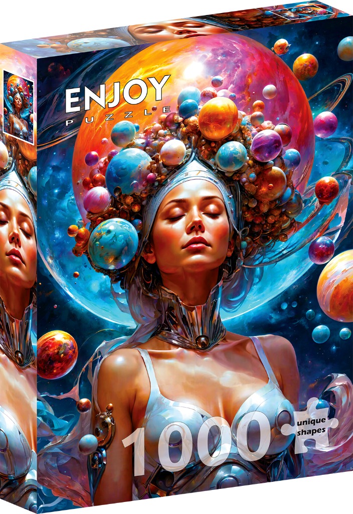A digital illustration of a serene woman with a headdress made of vibrant glowing planets set against a cosmic background.