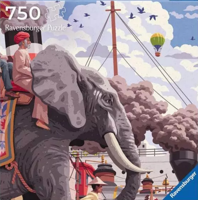 An illustration of an elephant carrying a person on its back in front of a steamship under a cloudy sky.
