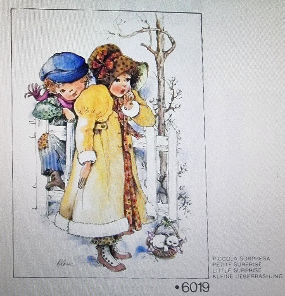 Illustration of a girl in a yellow coat holding a white kitten, with a boy leaning on a white fence behind her.