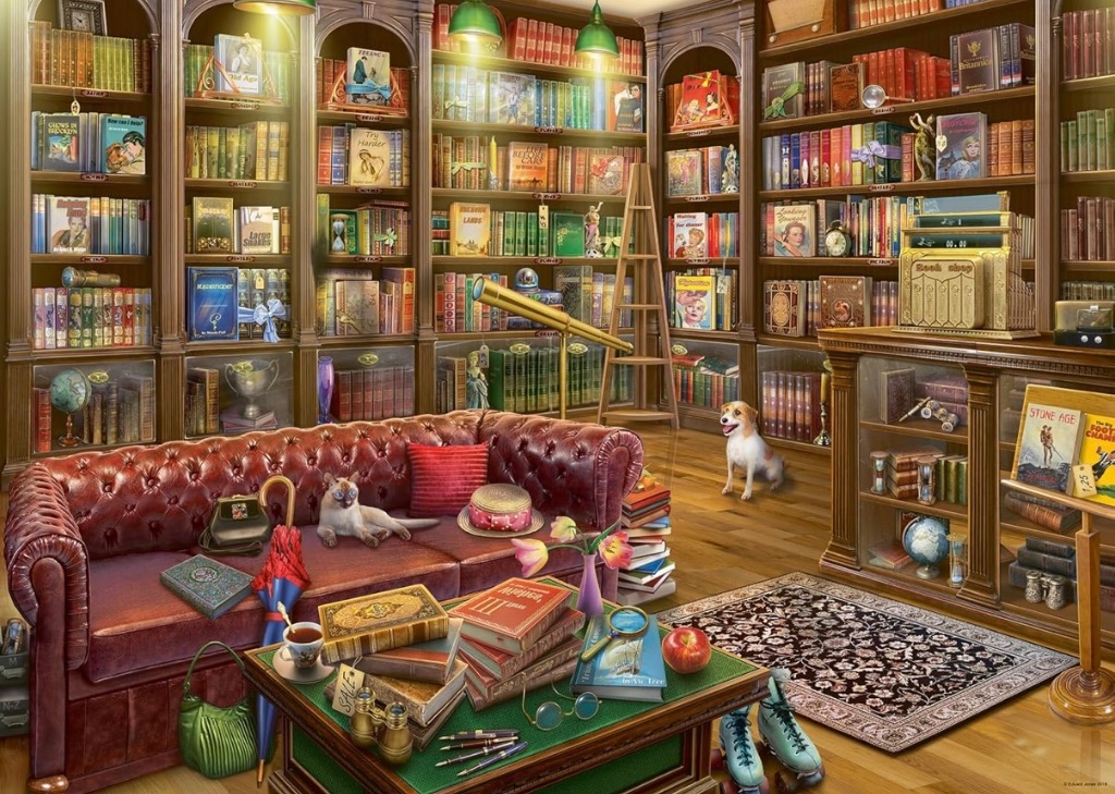 A cozy, book-filled study featuring a tufted leather sofa, a cat, a dog, and antique shop details.