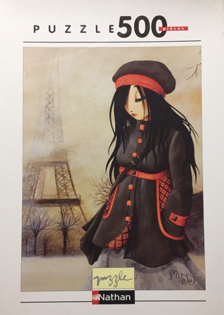 Stylized illustration of a young woman with long dark hair and a beret standing before the Eiffel Tower in winter.