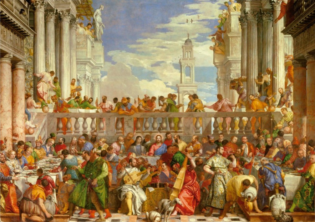 A Renaissance-style painting of a grand outdoor feast with many figures and classical architecture.