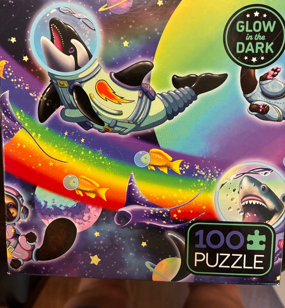 Cartoon orca in a space suit floating through a vibrant space scene with rainbows, fish, and stars.