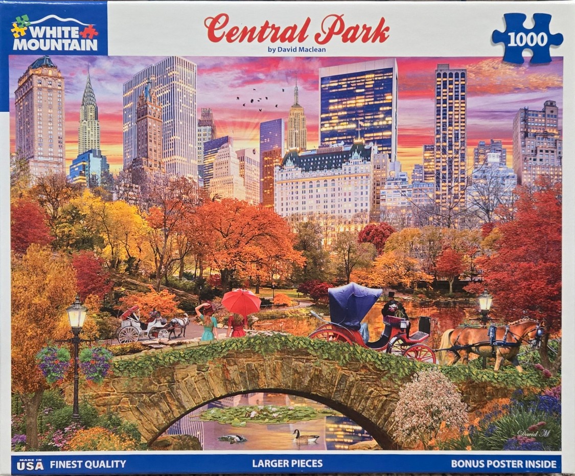 An autumn scene in Central Park with a stone bridge, horse-drawn carriages, and the New York City skyline at sunset.