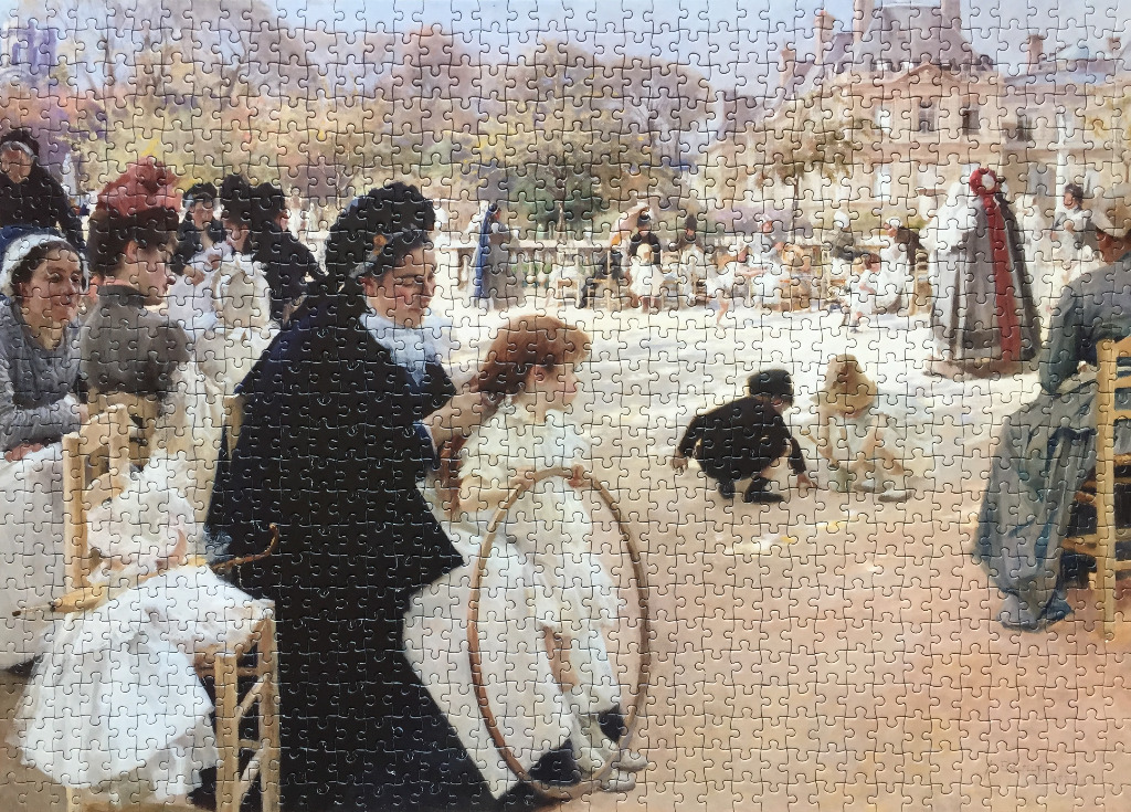 An oil painting of a park scene in the 19th century featuring a woman grooming a young girl's hair.