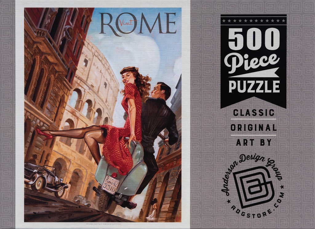 Vintage-style travel poster illustration of a couple on a scooter riding through Rome near the Colosseum.