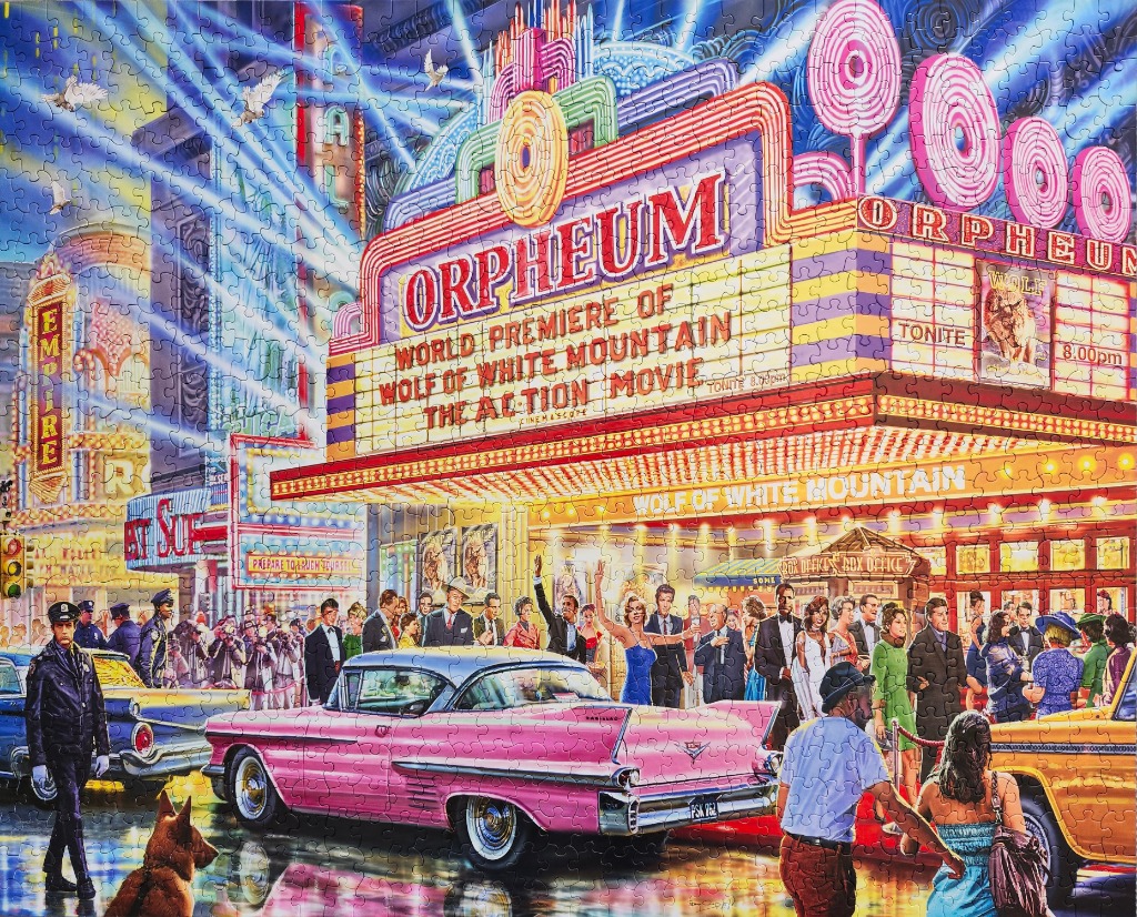 A cinematic illustration of the Orpheum theater premiere with a pink vintage car in the foreground.