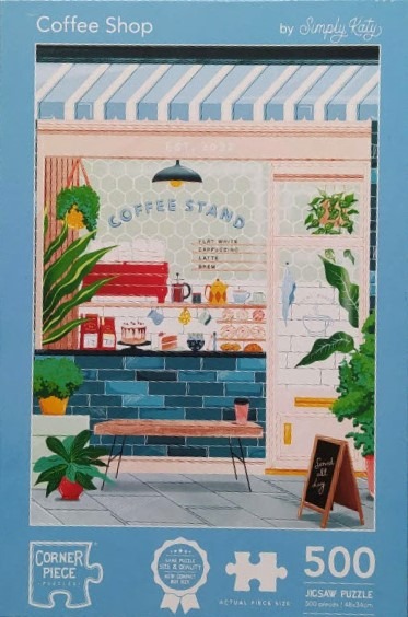 An illustration of a charming coffee shop exterior with a blue striped awning and a menu in the window.