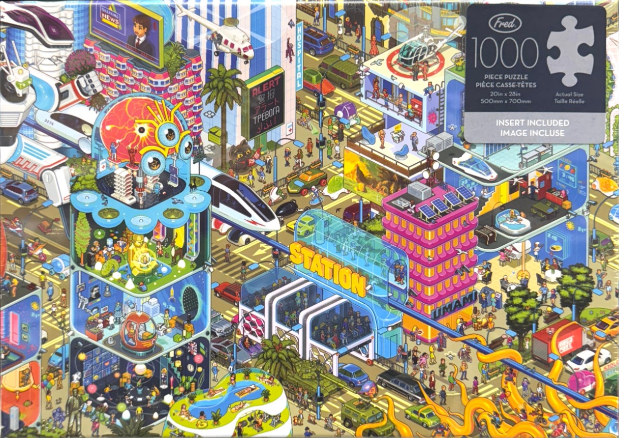 A busy, futuristic pixel-art city scene featuring skyscrapers, flying vehicles, and many small characters.