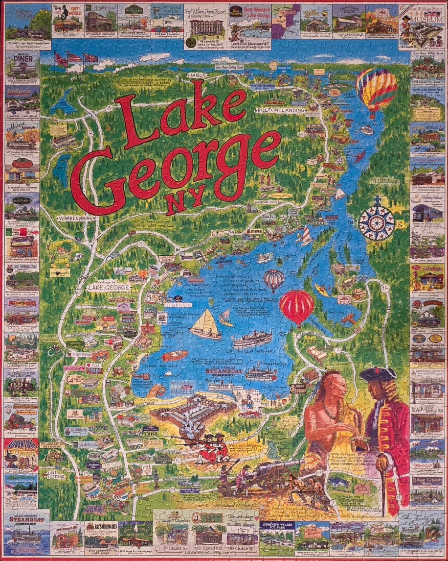 An illustrated map of Lake George, New York, surrounded by small vignettes of local businesses and historical sites.