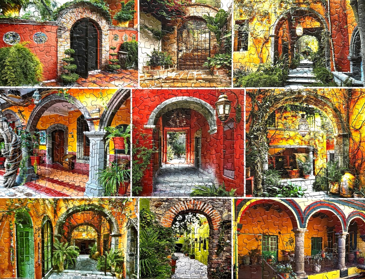 A collage of nine architectural scenes featuring traditional Mediterranean-style arches, courtyards, and vivid warm walls.