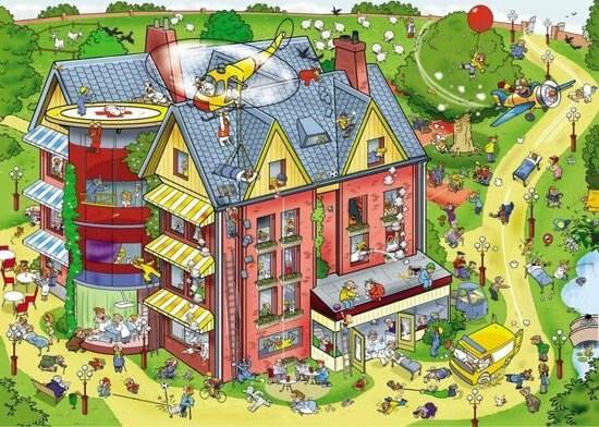 A chaotic, colorful illustration of a busy multi-story hospital bustling with activity and whimsical characters.