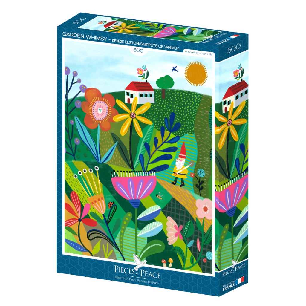 Whimsical illustration of a sunny garden scene featuring large stylized flowers, a small cottage, and a garden gnome.