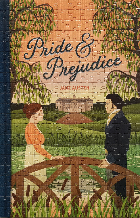 Illustration of Elizabeth Bennet and Mr. Darcy facing each other on a bridge in front of Pemberley estate.