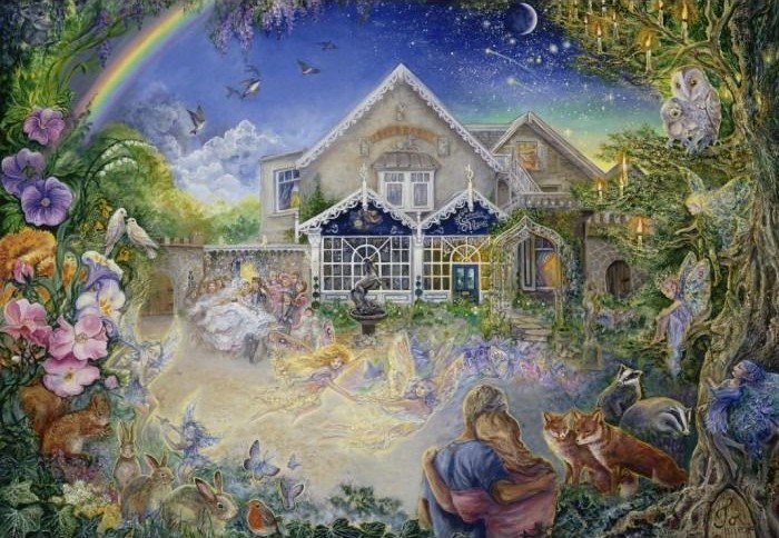 An ethereal scene showing a couple watching a magical garden with fairies, animals, and a large house under a starry sky.