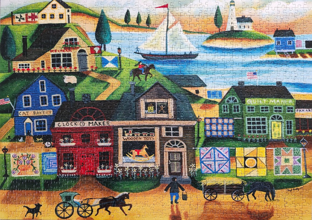 A whimsical folk art painting of a coastal town featuring quaint shops, a lighthouse, and horse-drawn carriages.