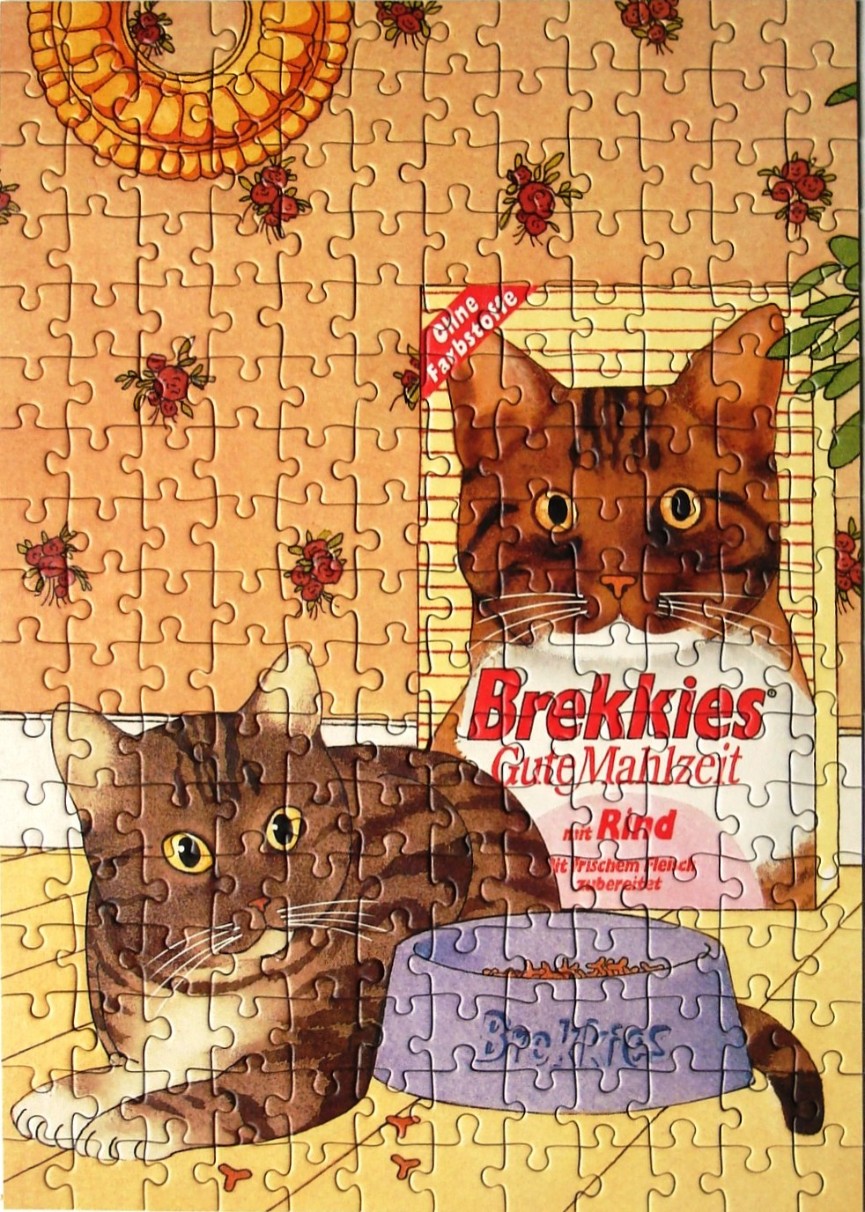 An illustration of a tabby cat sitting next to a cat food bowl in front of a cat food box.