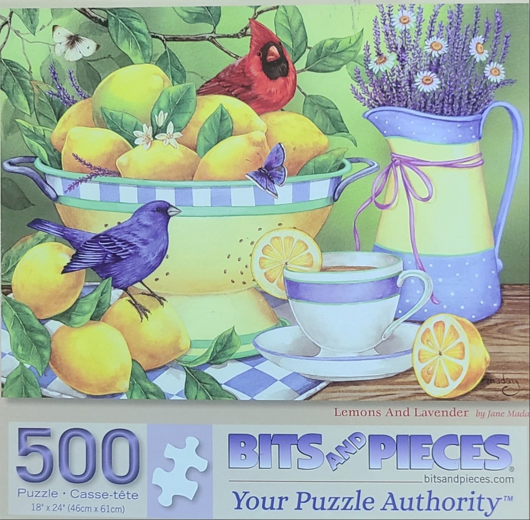 An illustration featuring a bowl of lemons, a purple bird, a cardinal, and a pitcher of lavender on a table.