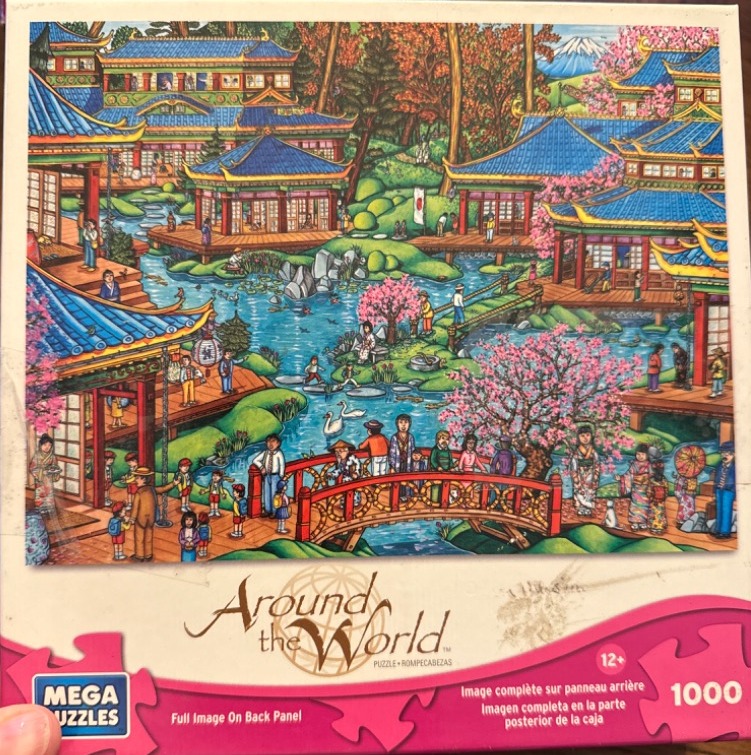 An illustration of a bustling traditional Japanese garden with temples, a bridge, and cherry blossoms.