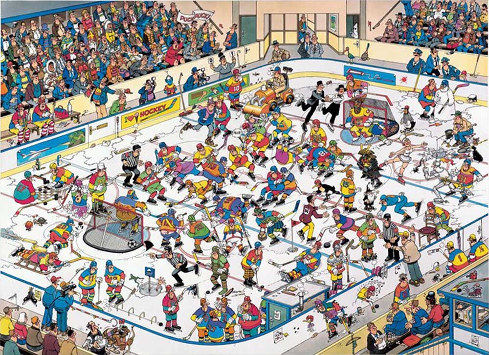 A chaotic cartoon scene of a crowded ice hockey game with many humorous characters.