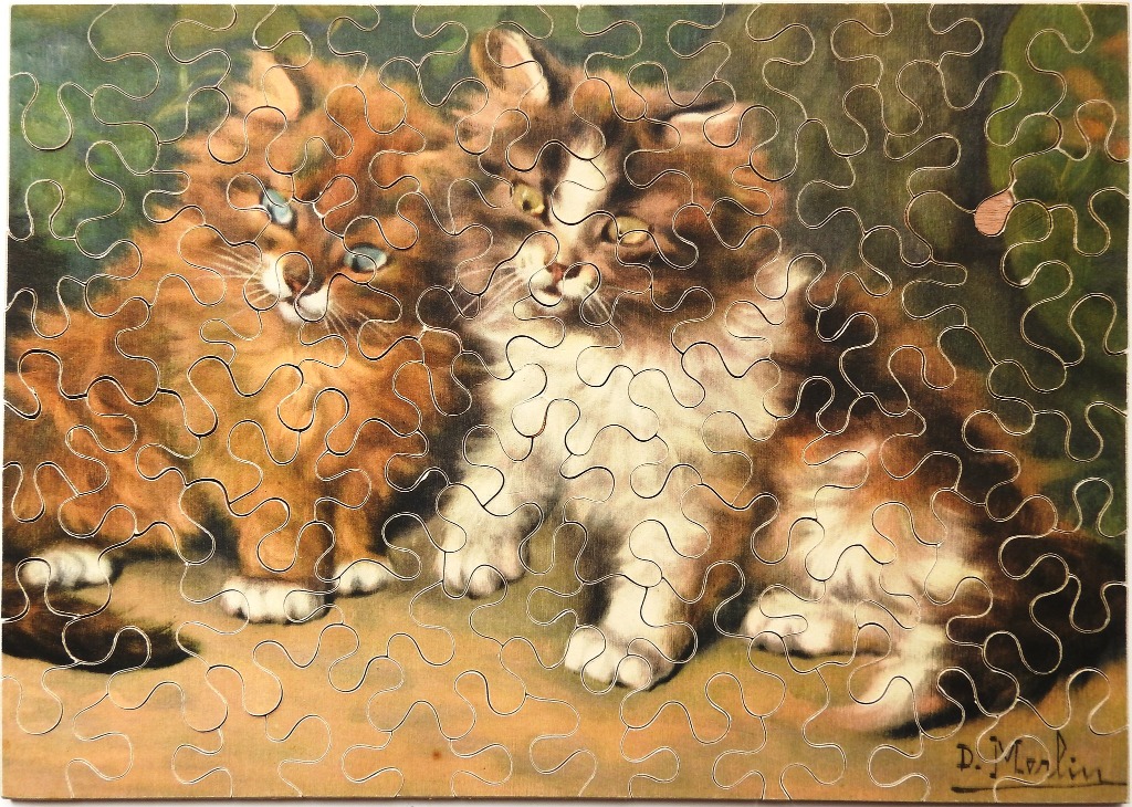 A vintage-style illustration of two fluffy kittens, one ginger and one tortoiseshell, sitting side-by-side.